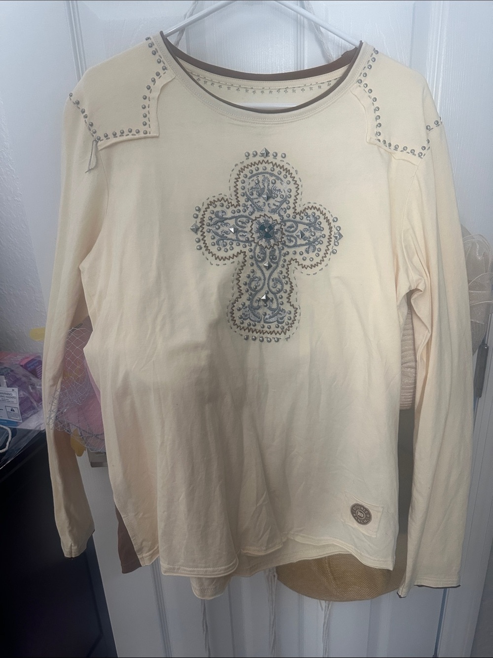 Double D Ranch Cream Long Sleeve Top with Logo Patch